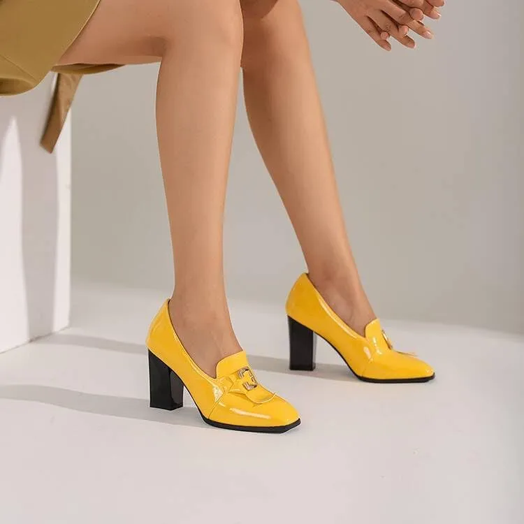 Women Pumps Loafers Shoes Glossy Patent Square Toe High Block Heels