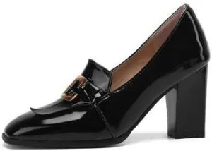 Women Pumps Loafers Shoes Glossy Patent Square Toe High Block Heels