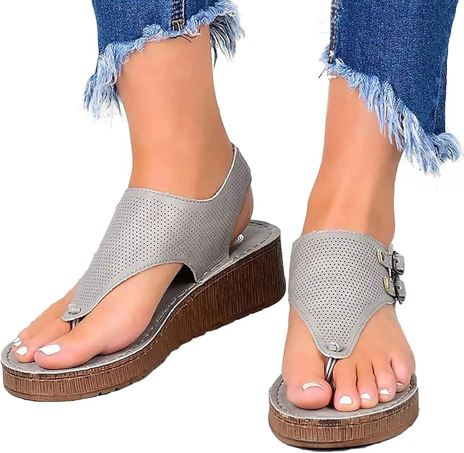 Women Sandals Summer Flat Faux Leather T Strap Sandals Thong Vintage Buckle Ankle Strap Wedge Sandals Casual Open Toe Beach Walking Shoes,Gray,US11/EU42