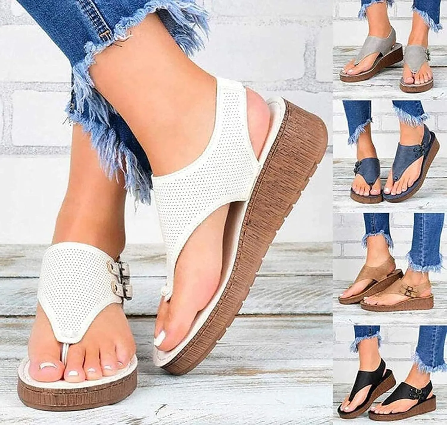 Women Sandals Summer Flat Faux Leather T Strap Sandals Thong Vintage Buckle Ankle Strap Wedge Sandals Casual Open Toe Beach Walking Shoes,Gray,US11/EU42