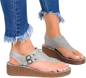 Women Sandals Summer Flat Faux Leather T Strap Sandals Thong Vintage Buckle Ankle Strap Wedge Sandals Casual Open Toe Beach Walking Shoes,Gray,US11/EU42