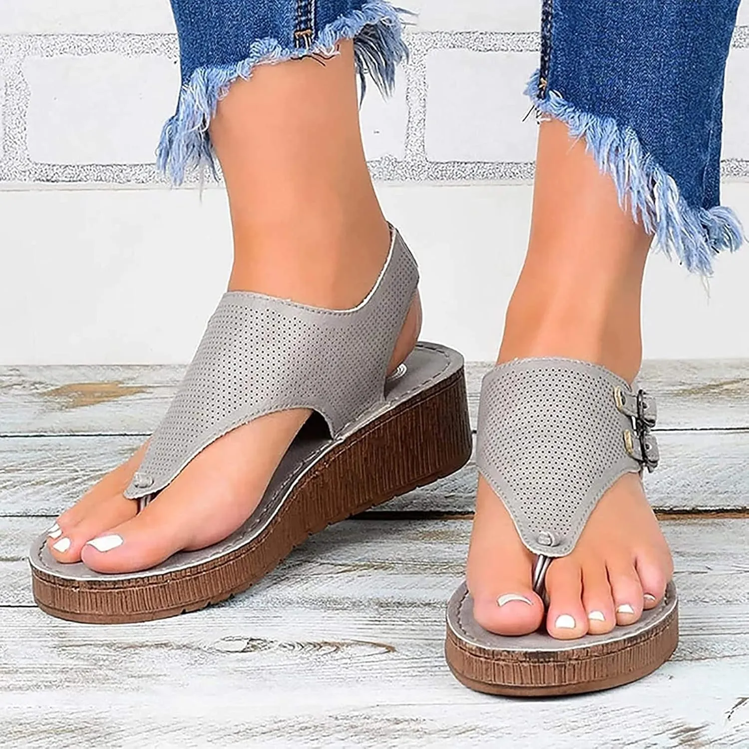 Women Sandals Summer Flat Faux Leather T Strap Sandals Thong Vintage Buckle Ankle Strap Wedge Sandals Casual Open Toe Beach Walking Shoes,Gray,US11/EU42