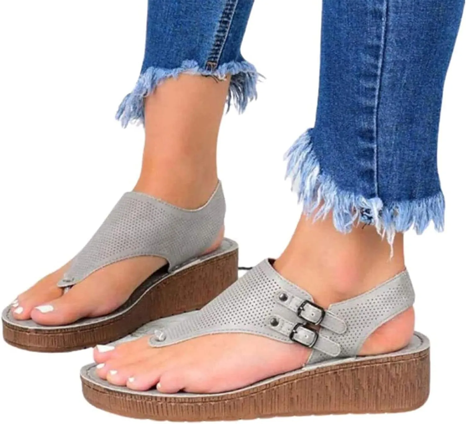Women Sandals Summer Flat Faux Leather T Strap Sandals Thong Vintage Buckle Ankle Strap Wedge Sandals Casual Open Toe Beach Walking Shoes,Gray,US11/EU42