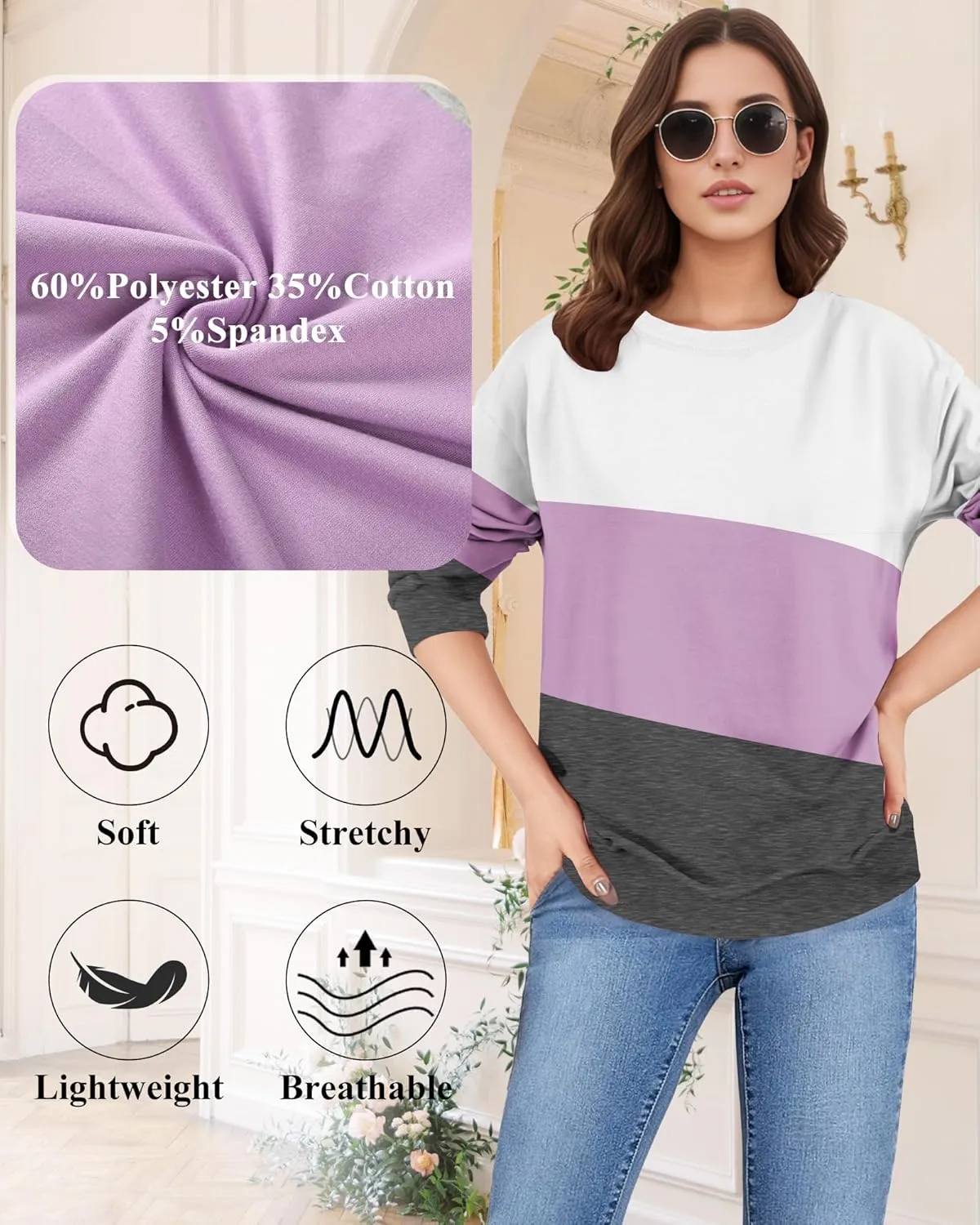 Women Sweatshirt, Casual Crewneck Sweatshirts for Women Loose Fit Long Sleeve Pullover Tops Cute Soft Shirt