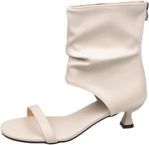 Women's Back Zippered Buckled Leather Sandal Boots,Open Toe Heeled Sandals Bootie Slip on Beach Ladies Sandals Shoes