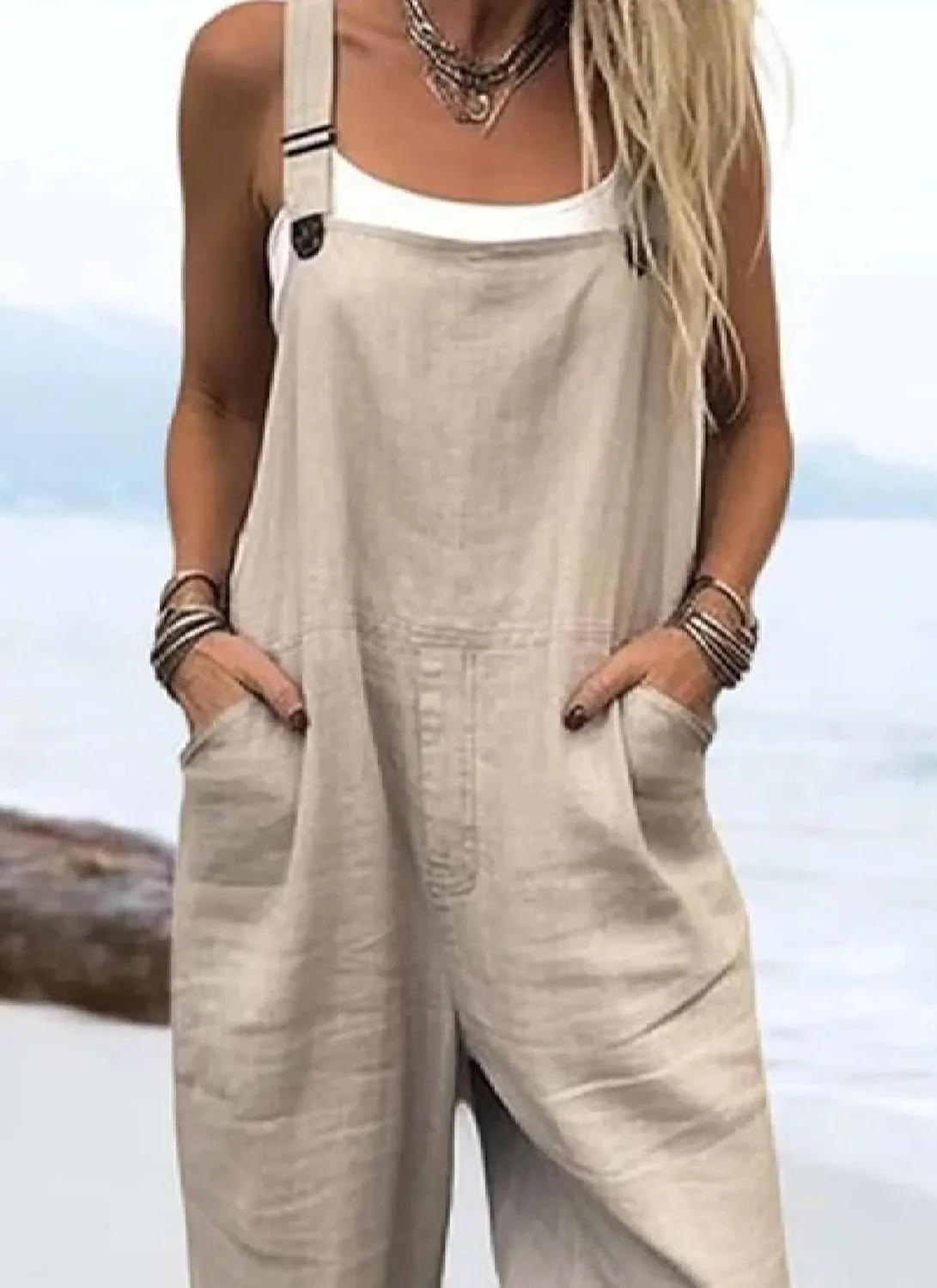 Women's Beige Overalls Loose Fit Straps Sleeveless Side Pockets Jumpsuit 2025 Summer Casual Going Out Rompers