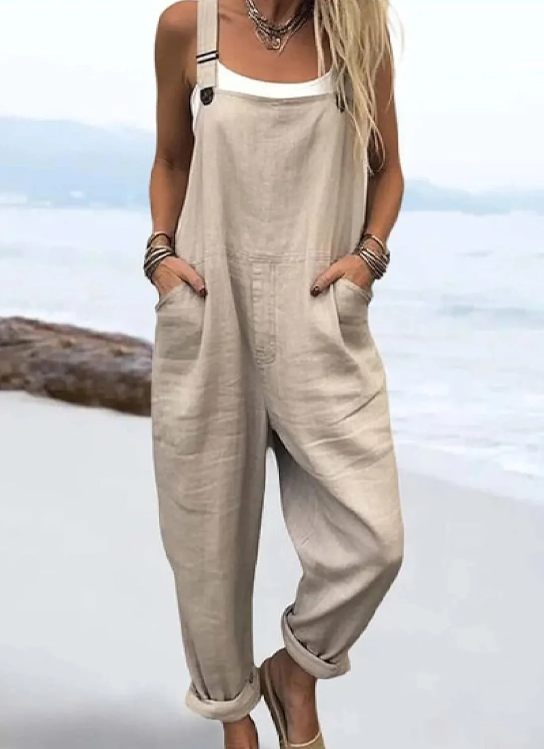 Women's Beige Overalls Loose Fit Straps Sleeveless Side Pockets Jumpsuit 2025 Summer Casual Going Out Rompers