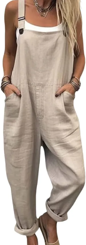 Women's Beige Overalls Loose Fit Straps Sleeveless Side Pockets Jumpsuit 2025 Summer Casual Going Out Rompers