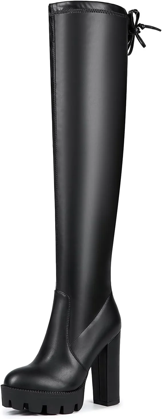 Women's Black Sexy Over The Knee Thigh High Chunky Heel Boots Round Toe Long Stretch Fashion Winter Boots