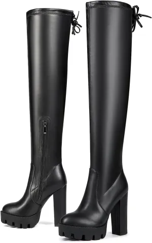 Women's Black Sexy Over The Knee Thigh High Chunky Heel Boots Round Toe Long Stretch Fashion Winter Boots