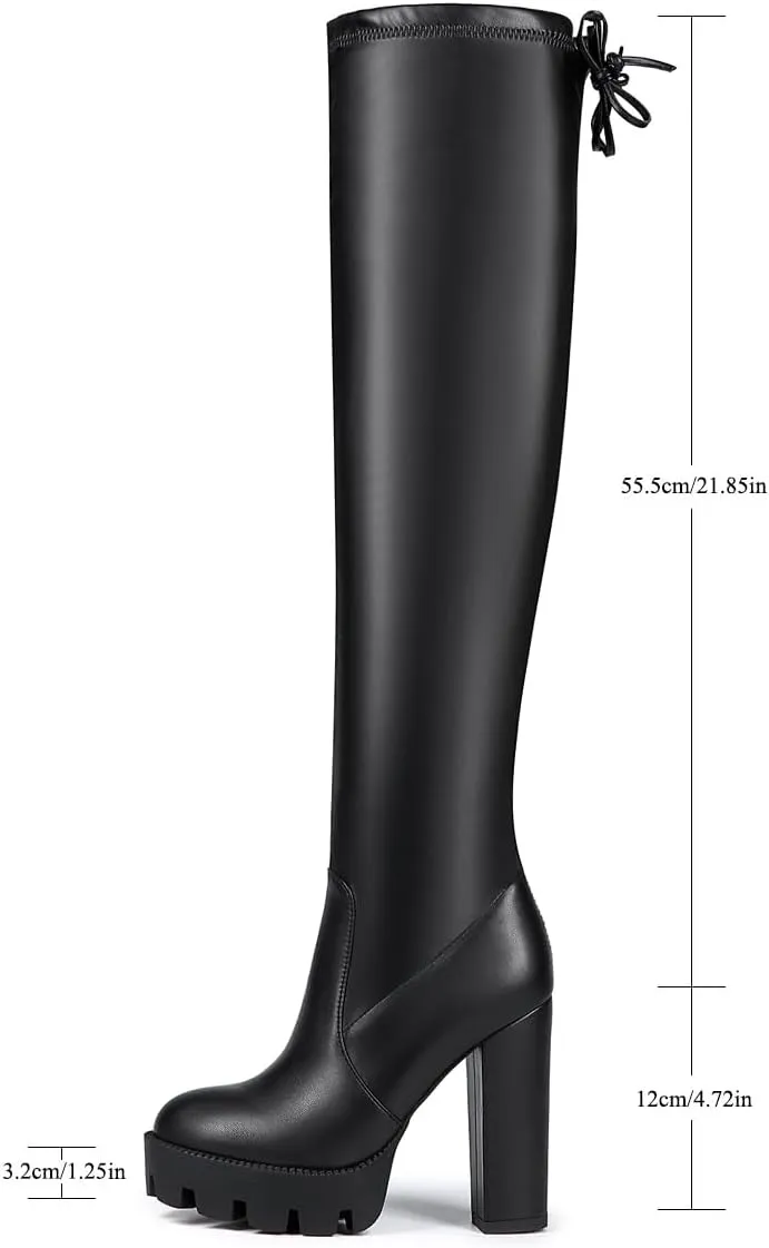 Women's Black Sexy Over The Knee Thigh High Chunky Heel Boots Round Toe Long Stretch Fashion Winter Boots