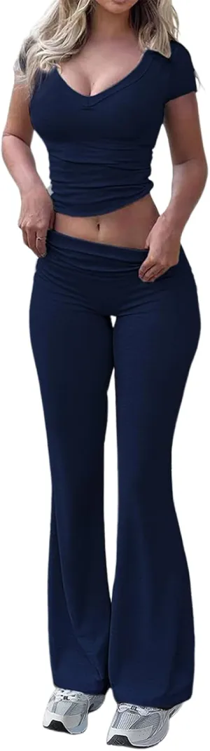 Women's Black V-Neck Short Sleeve Slim Fit Top with Low Rise Flared Long Pants Two Piece Set Trendy Casual Y2k Outfit