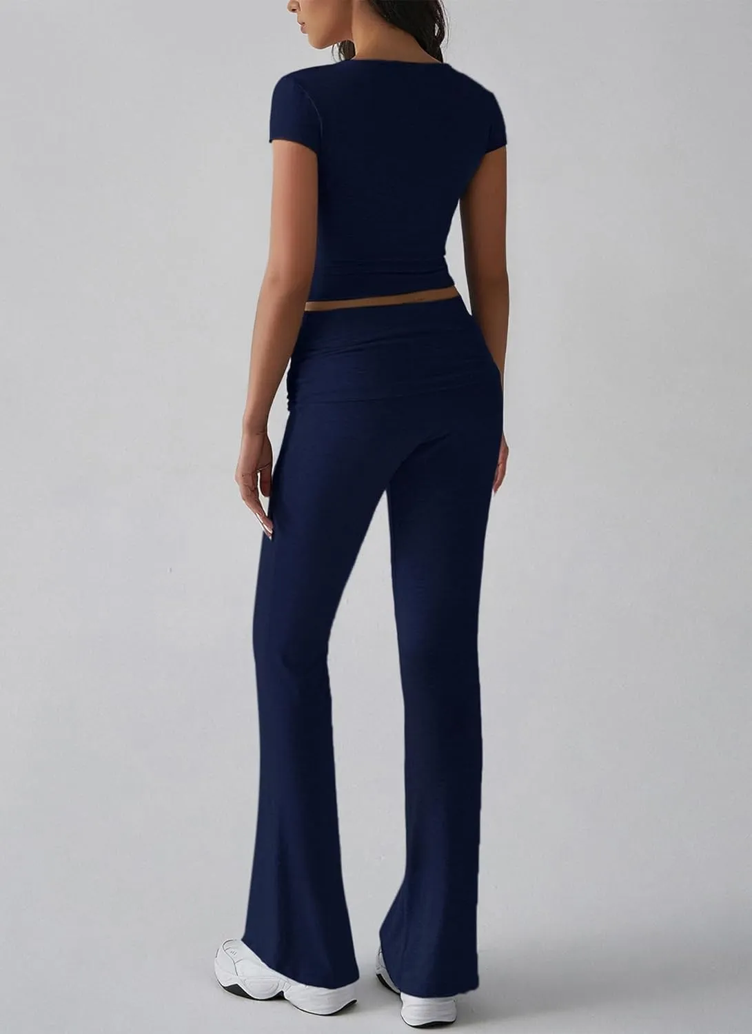Women's Black V-Neck Short Sleeve Slim Fit Top with Low Rise Flared Long Pants Two Piece Set Trendy Casual Y2k Outfit