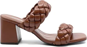 Womens Braided Heeled Sandals Mostly-S by Soda Brown PU Size 7