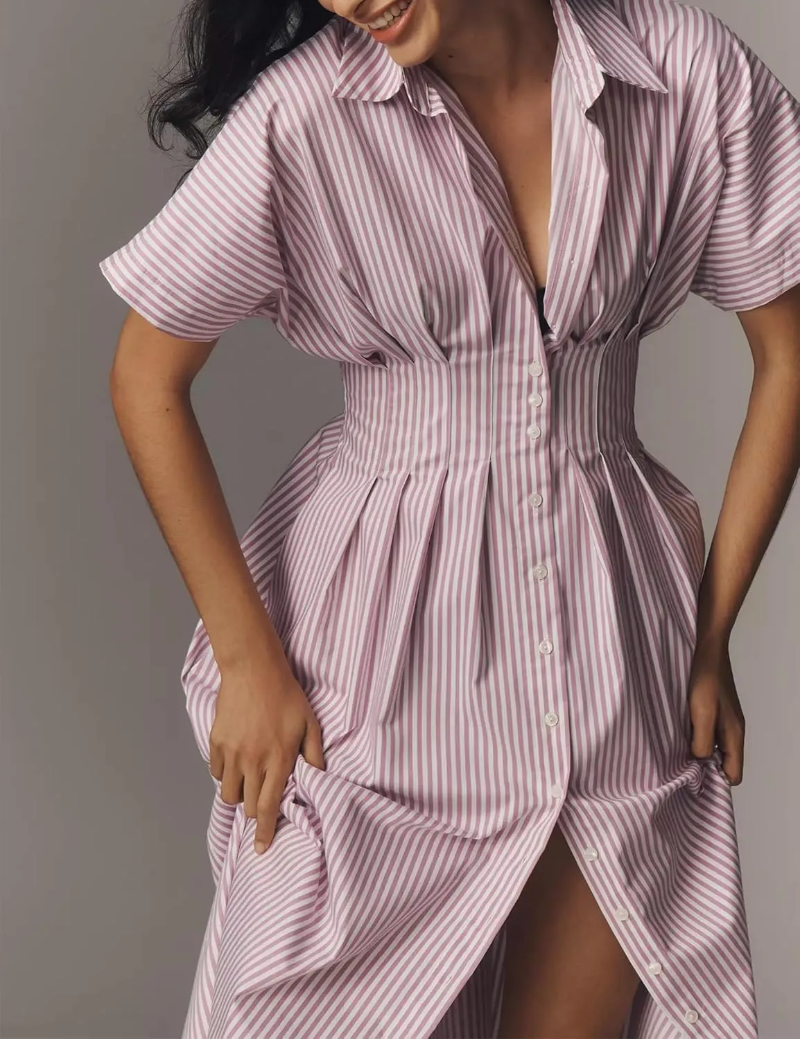 Women’s Button Front Pleated Shirt Maxi Dress Short Sleeve Collar Striped Summer Casual Long Swing Blouse Dress