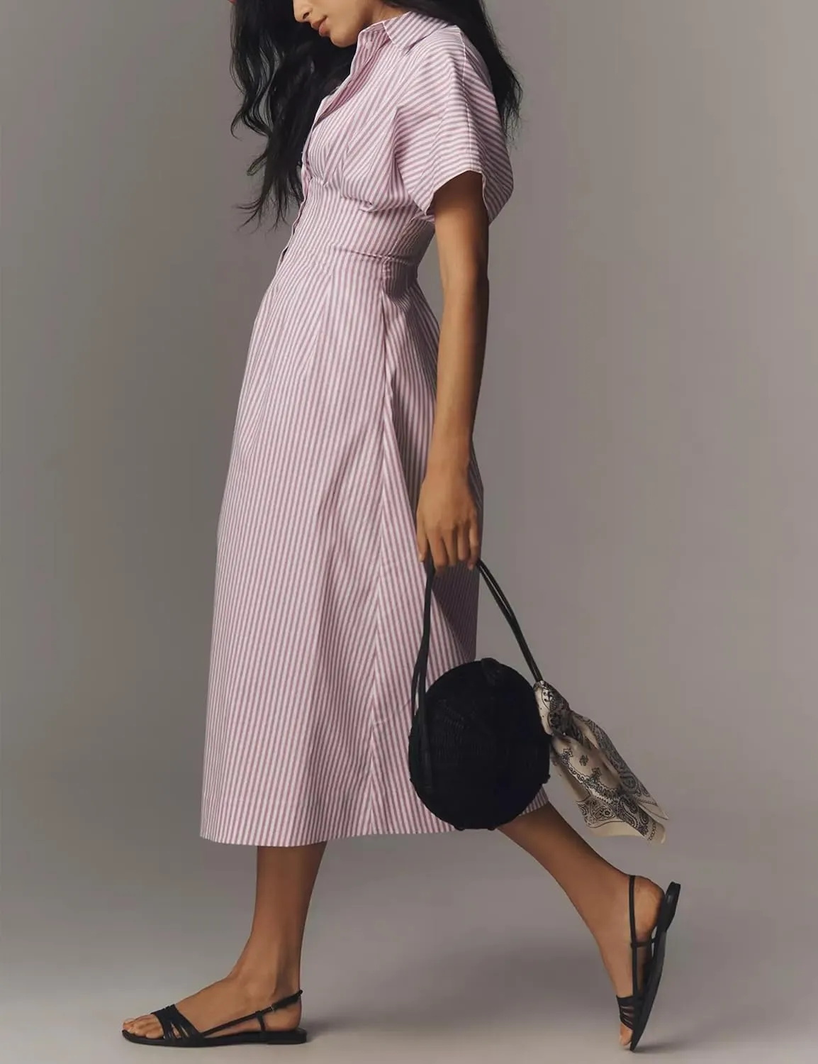 Women’s Button Front Pleated Shirt Maxi Dress Short Sleeve Collar Striped Summer Casual Long Swing Blouse Dress