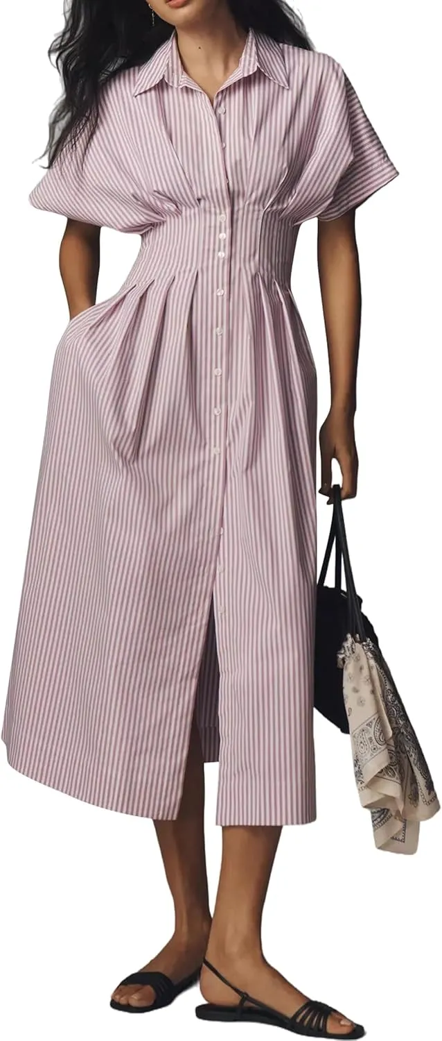 Women’s Button Front Pleated Shirt Maxi Dress Short Sleeve Collar Striped Summer Casual Long Swing Blouse Dress