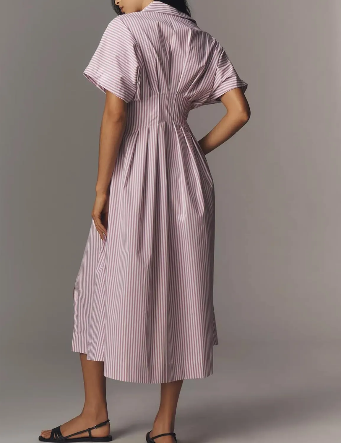 Women’s Button Front Pleated Shirt Maxi Dress Short Sleeve Collar Striped Summer Casual Long Swing Blouse Dress