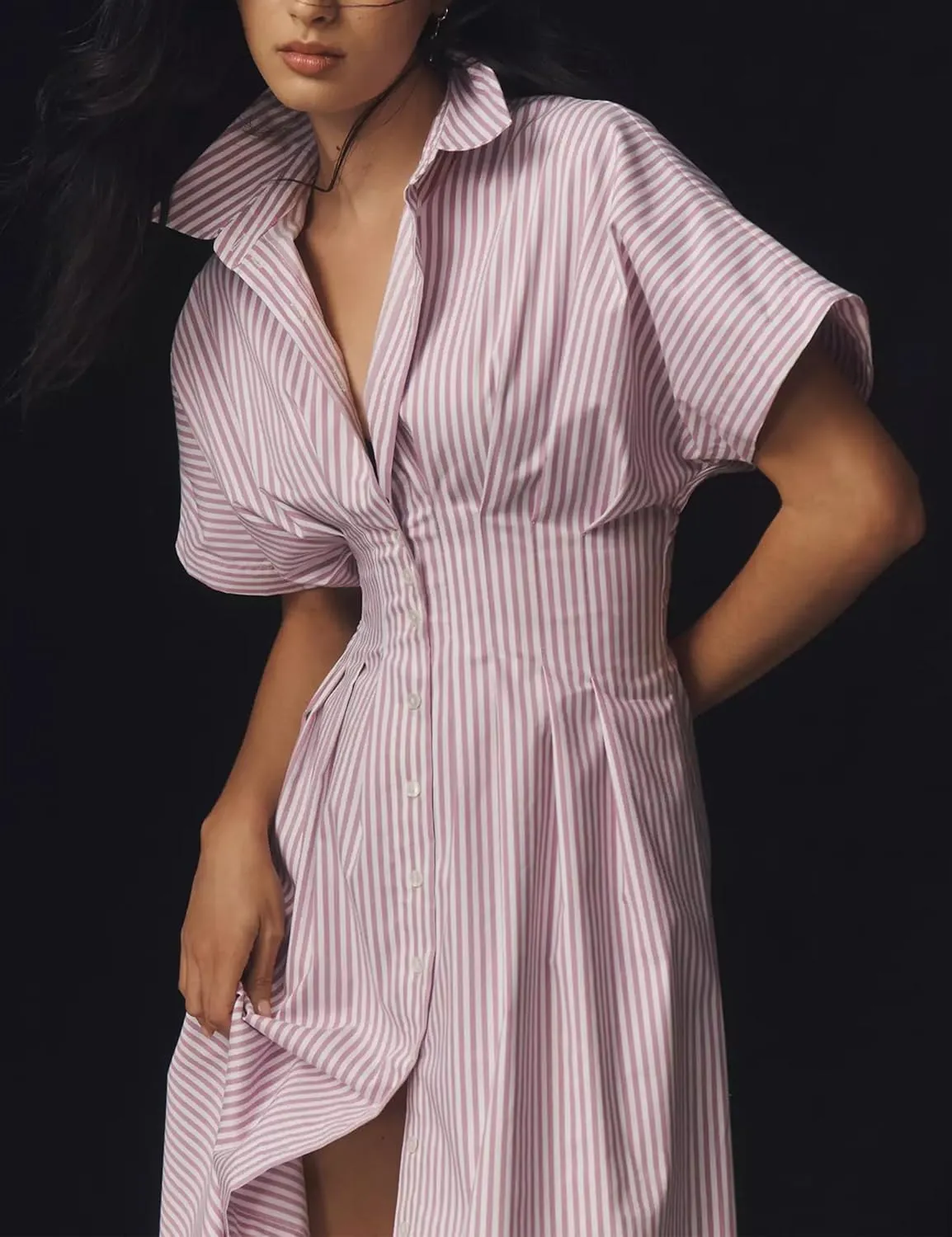 Women’s Button Front Pleated Shirt Maxi Dress Short Sleeve Collar Striped Summer Casual Long Swing Blouse Dress