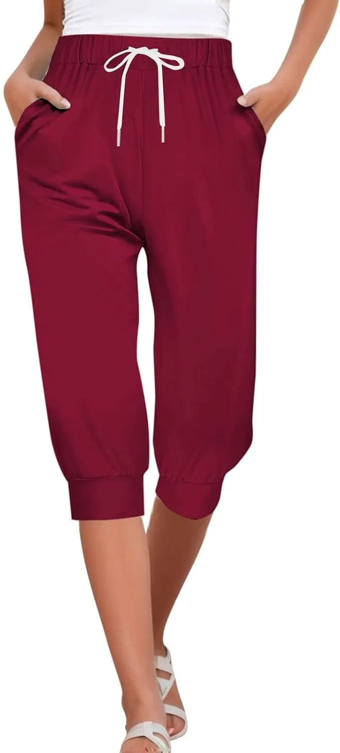 Women's Casual Elastic Waist Drawstring Pants Home Office Outdoor Stylish Ankle Trousers Slim Fit Cuffed Lounge Pants