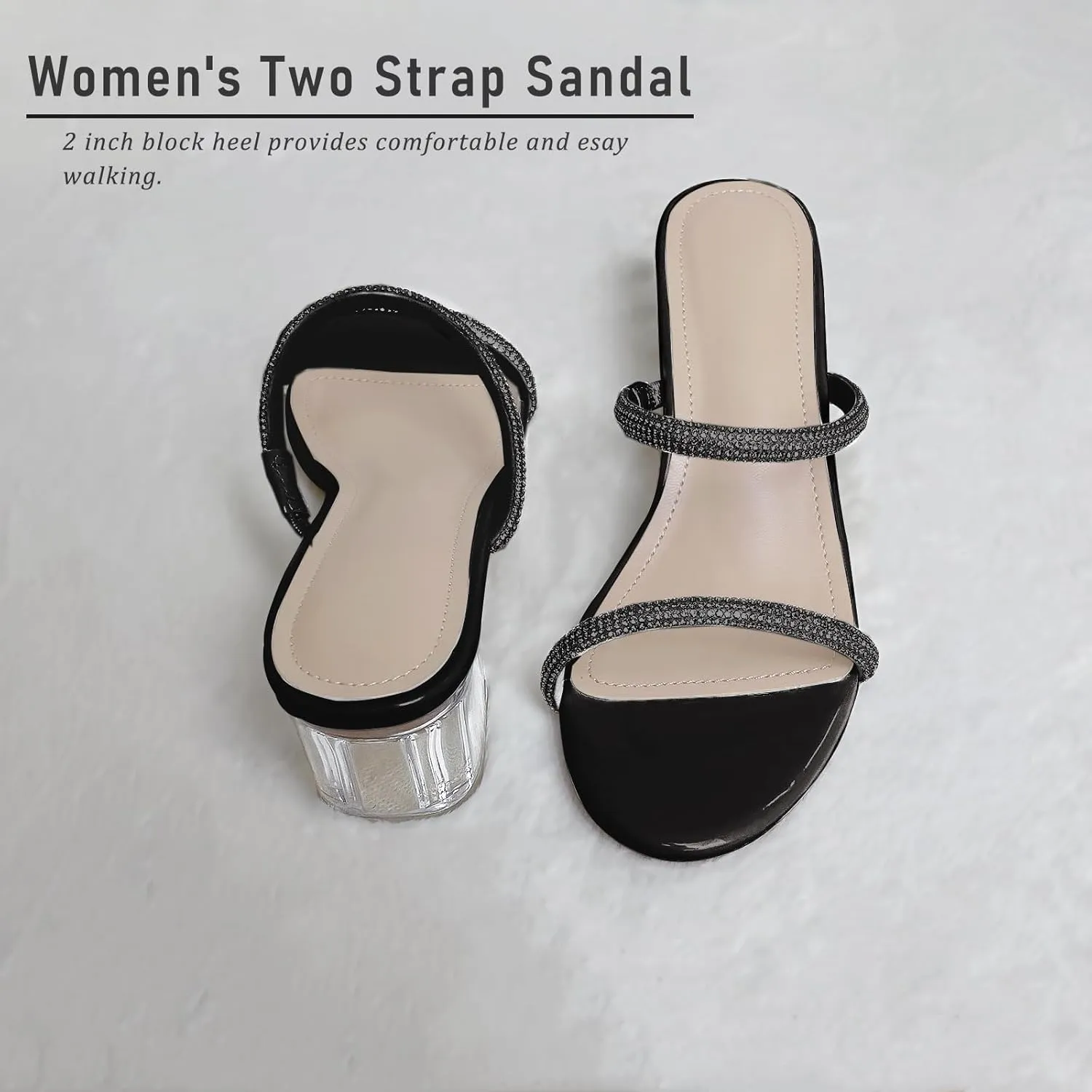 Women's Clear Block Heels Sparkly Strappy Slip On Dressy Sandals