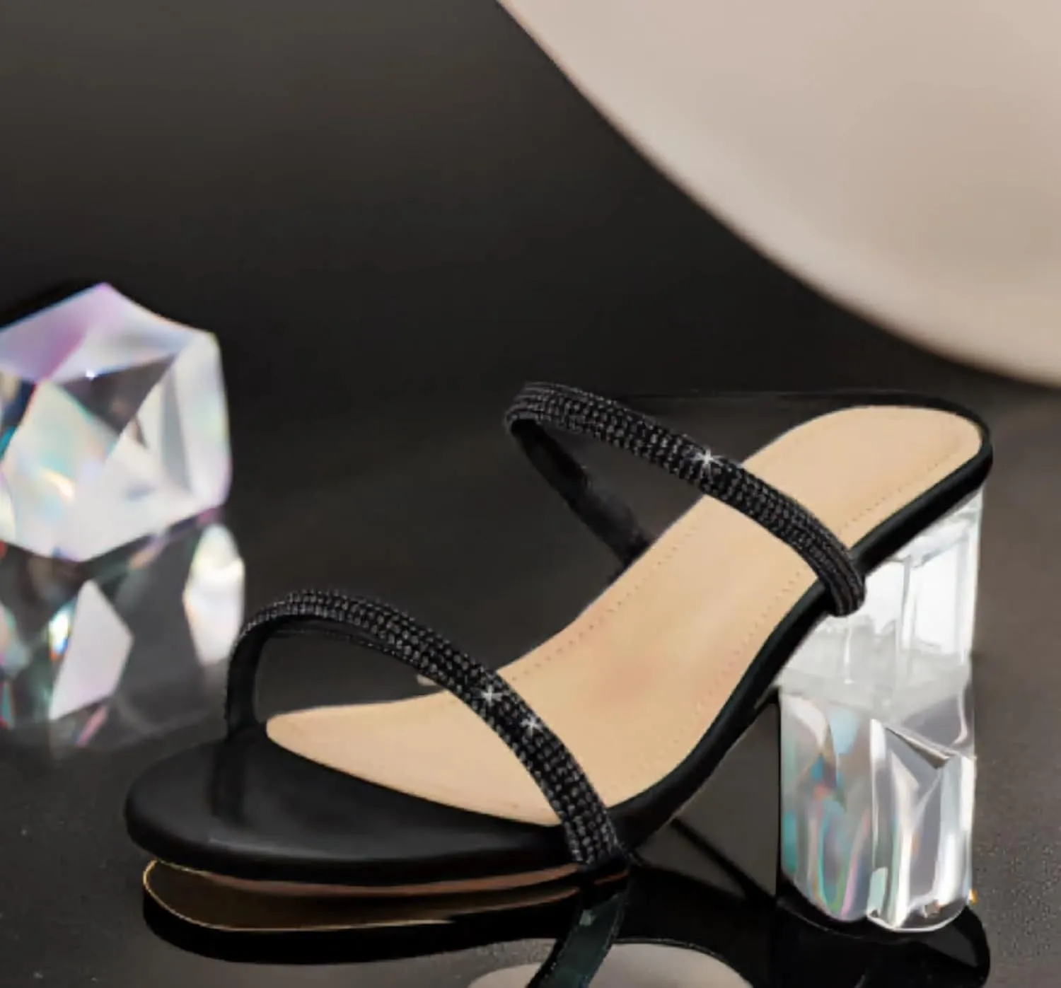 Women's Clear Block Heels Sparkly Strappy Slip On Dressy Sandals