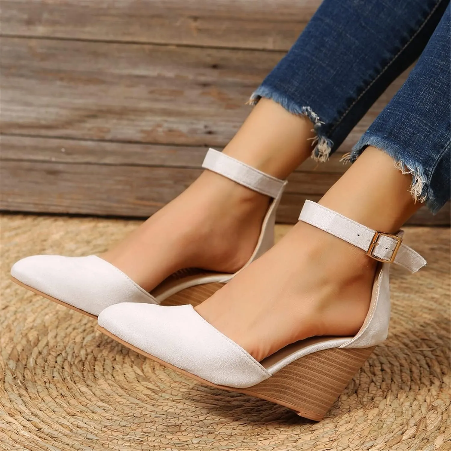 Womens Closed Toe Sandals Women Summer 2025 Casual Ankle Pumps Strap Espadrilles High Heels Wedges Wedding Party Dressy Flat Open Anti Slip with Adjustable Buckle Shoes Wedge Platform