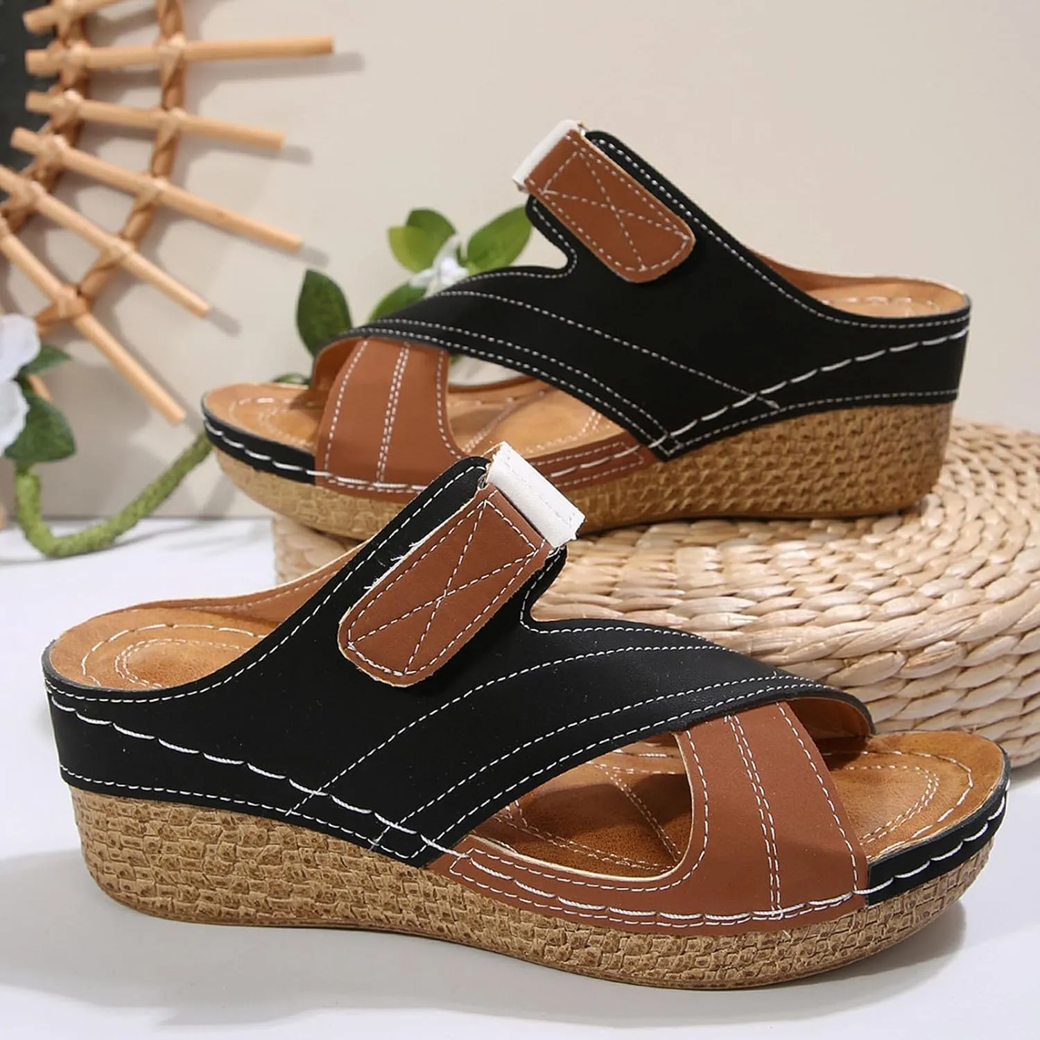 Women's Colorblock Slip on Sandals Summer Casual Comfort Arch Support Slides Wedge Slippers Open Toe Slide Sandal Shoes