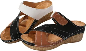 Women's Colorblock Slip on Sandals Summer Casual Comfort Arch Support Slides Wedge Slippers Open Toe Slide Sandal Shoes
