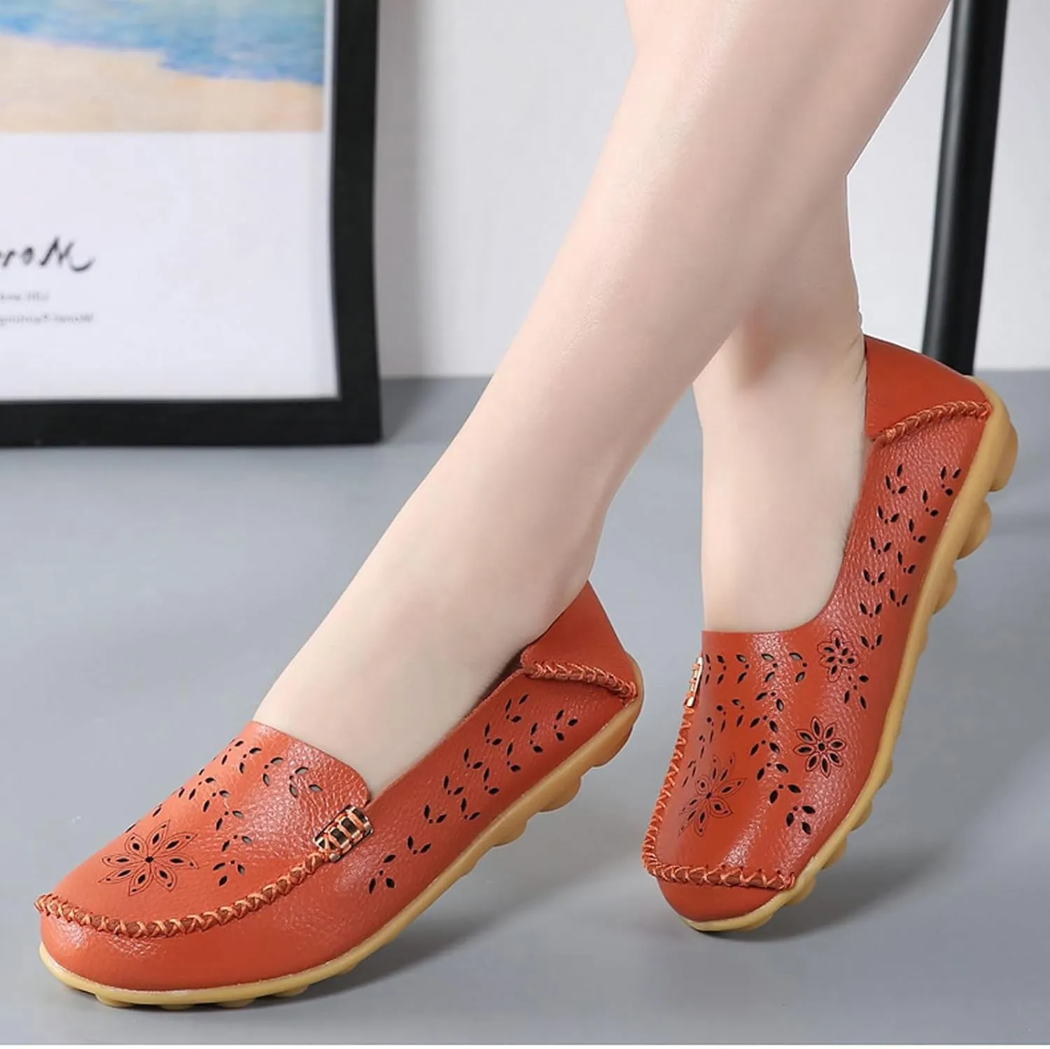 Women's Comfort Walking Boat Shoe Slip on Flat Shoes Ladies Dressy Moccasins Driving Penny Loafers Leather Breathable On Nurse Loafer Round Toe Wild Fashion Soft Orthopedic Sole Flats Casual
