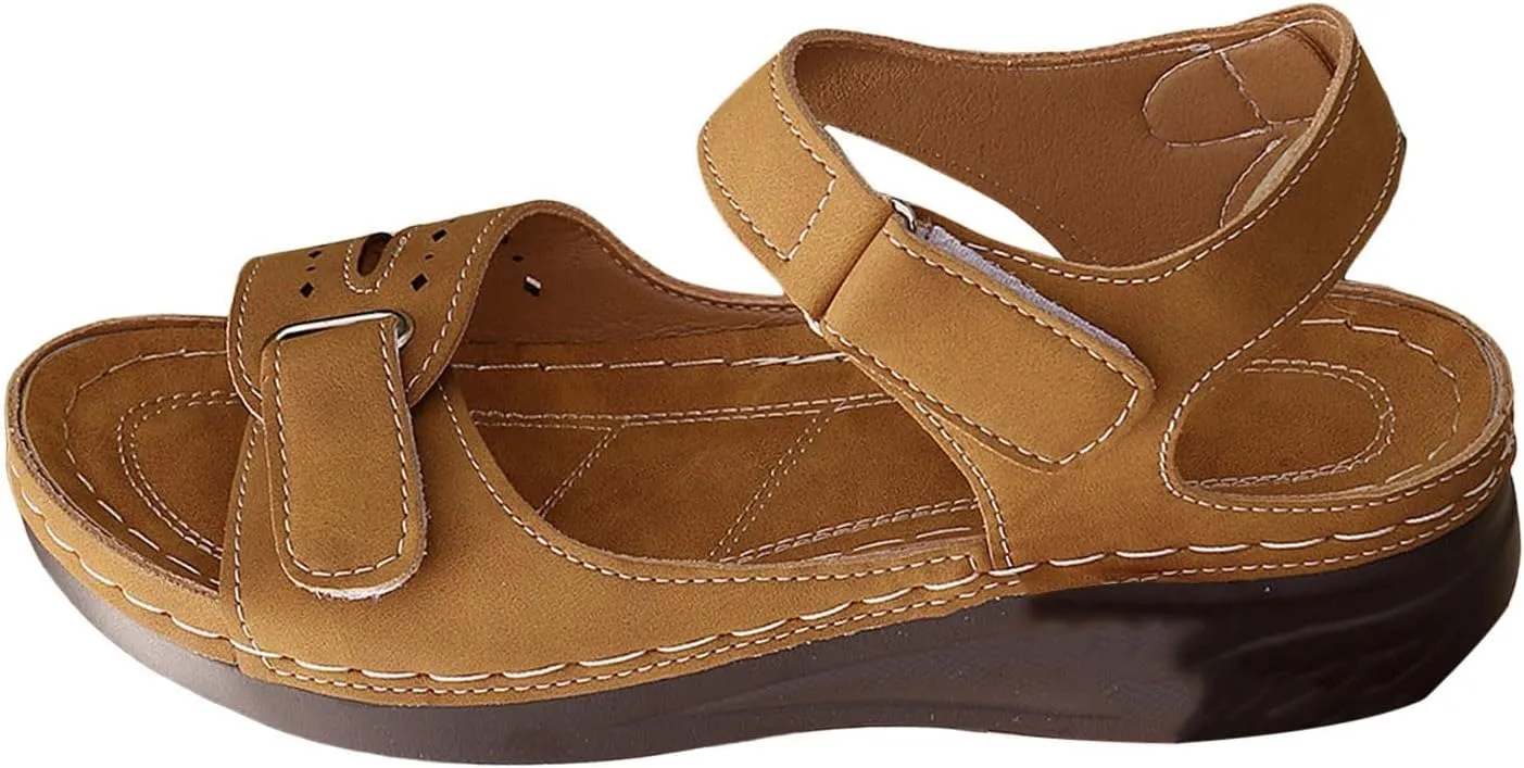 Women's Comfortable Low Heel Sandals Adjustable Straps and Arch Support Casual Roman Style Walking Comfort Leather Orthopedic Summer Dressy Beach Vacation Camping Travel Hiking Flats Shoes