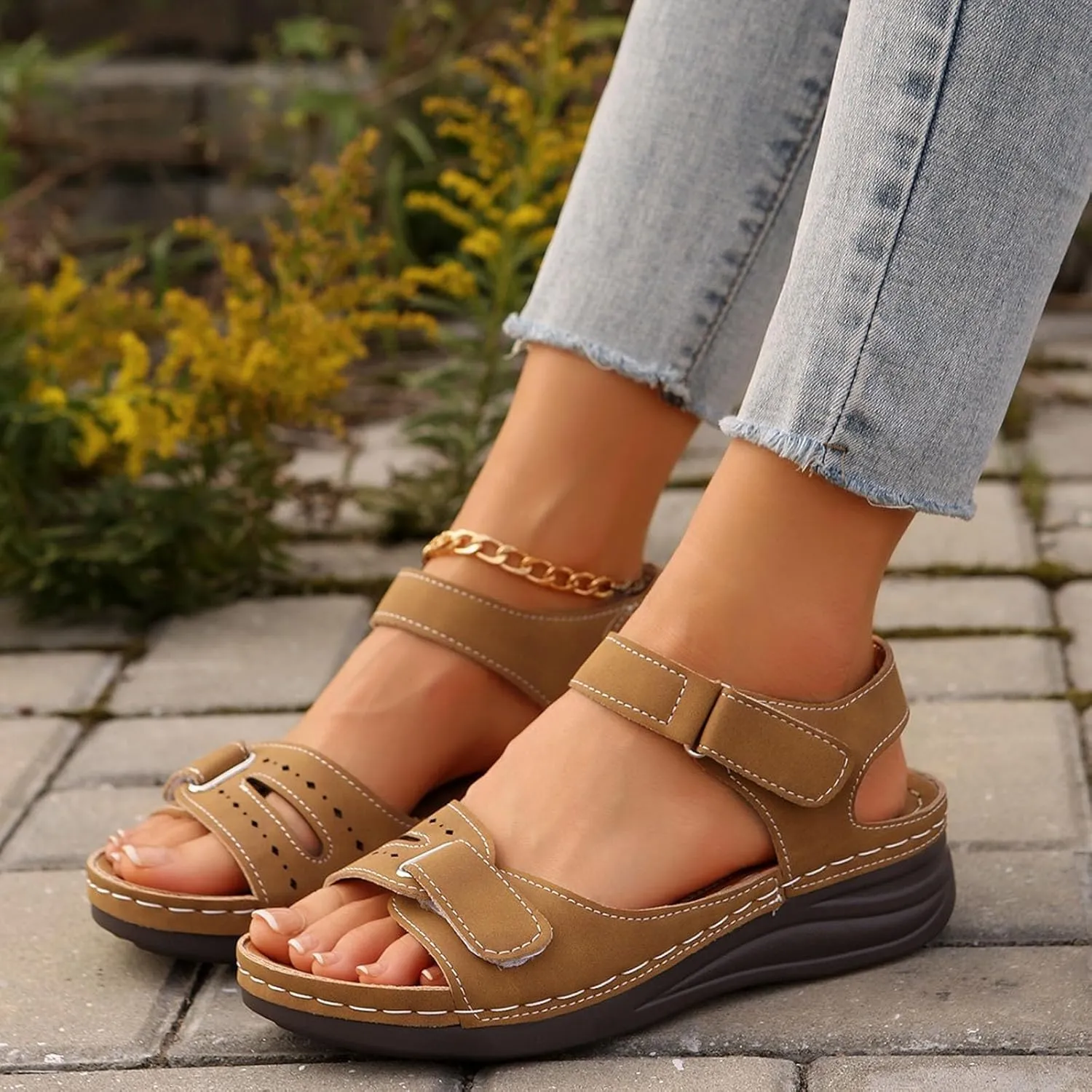 Women's Comfortable Low Heel Sandals Adjustable Straps and Arch Support Casual Roman Style Walking Comfort Leather Orthopedic Summer Dressy Beach Vacation Camping Travel Hiking Flats Shoes