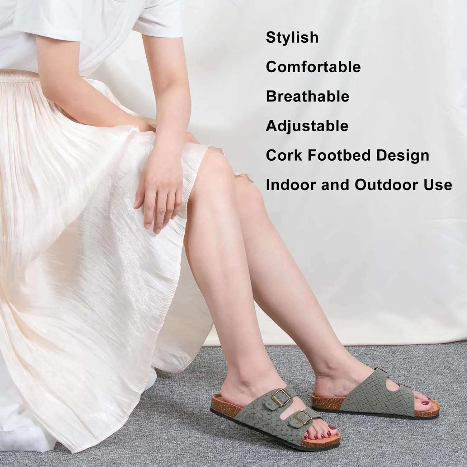 Women's Comfy Arch Support Cork Footbed Adjustable Knitting Straps Indoor and Outdoor Slides Sandals