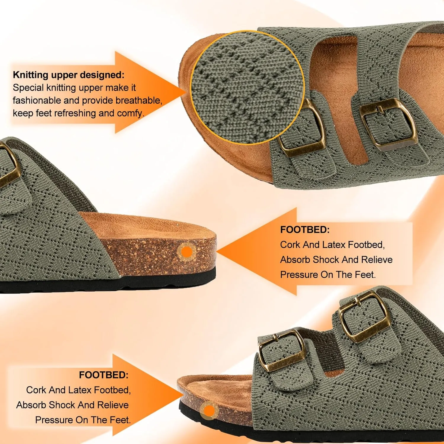 Women's Comfy Arch Support Cork Footbed Adjustable Knitting Straps Indoor and Outdoor Slides Sandals