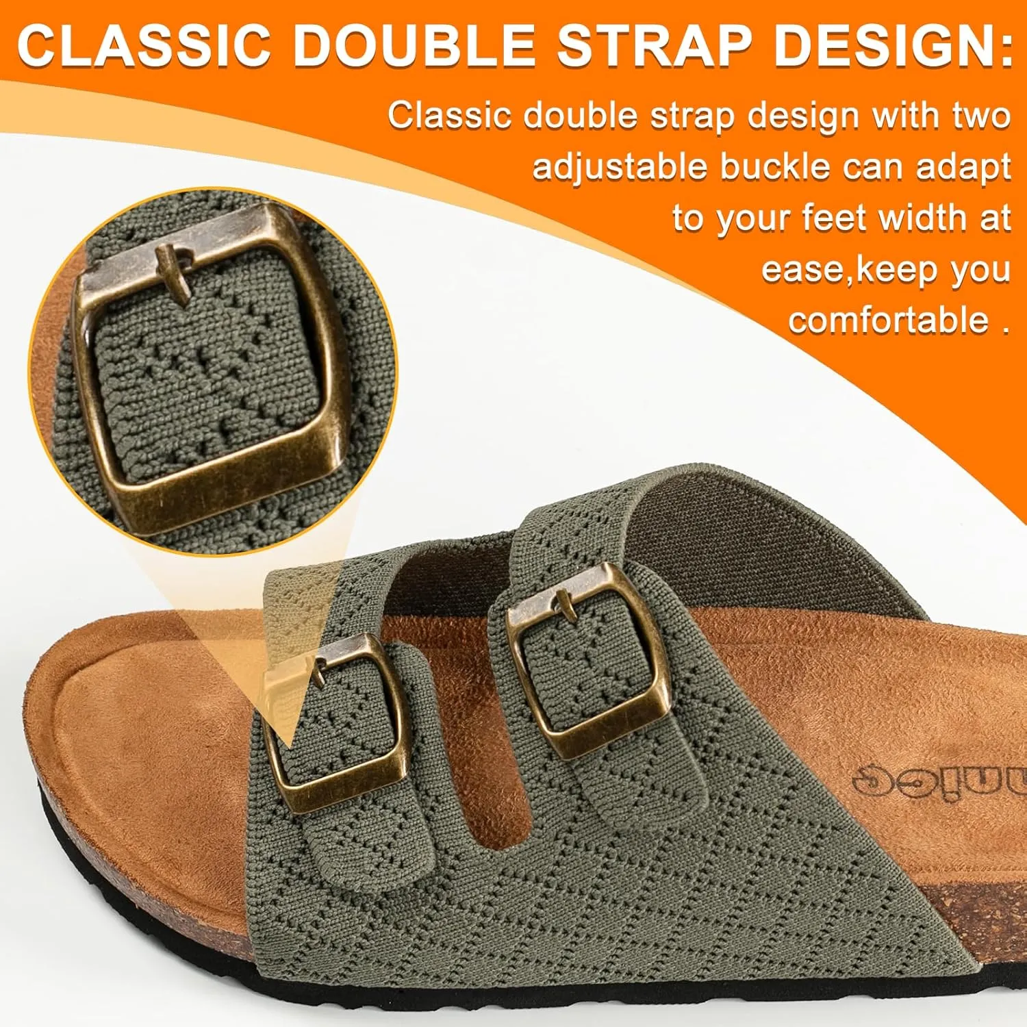 Women's Comfy Arch Support Cork Footbed Adjustable Knitting Straps Indoor and Outdoor Slides Sandals
