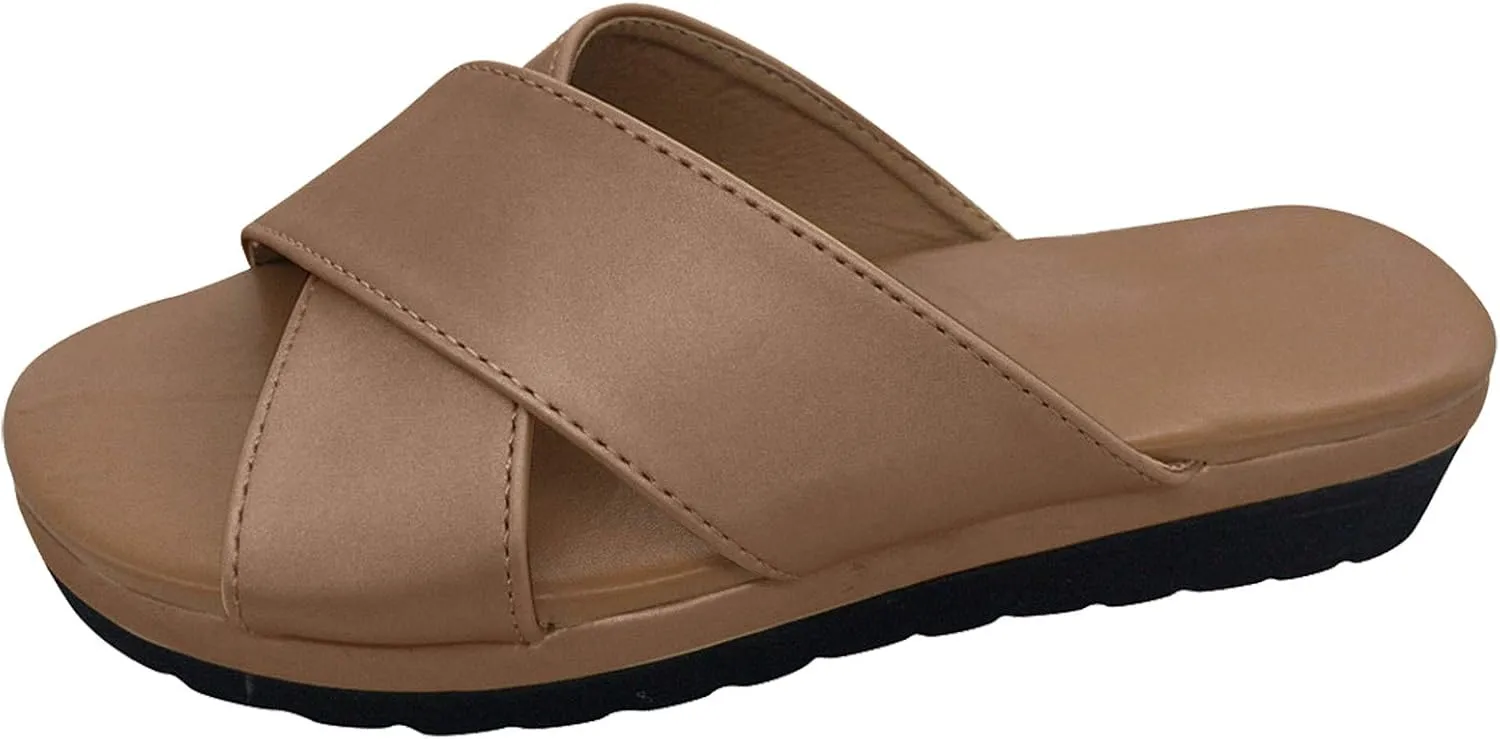 Womens Cross Straps Wedge Sandals Solid Comfortable Non-Slip Flat Shoes Summer Casual Open Toe Slip-on Slippers Trendy Beach Sandals Flip Flops