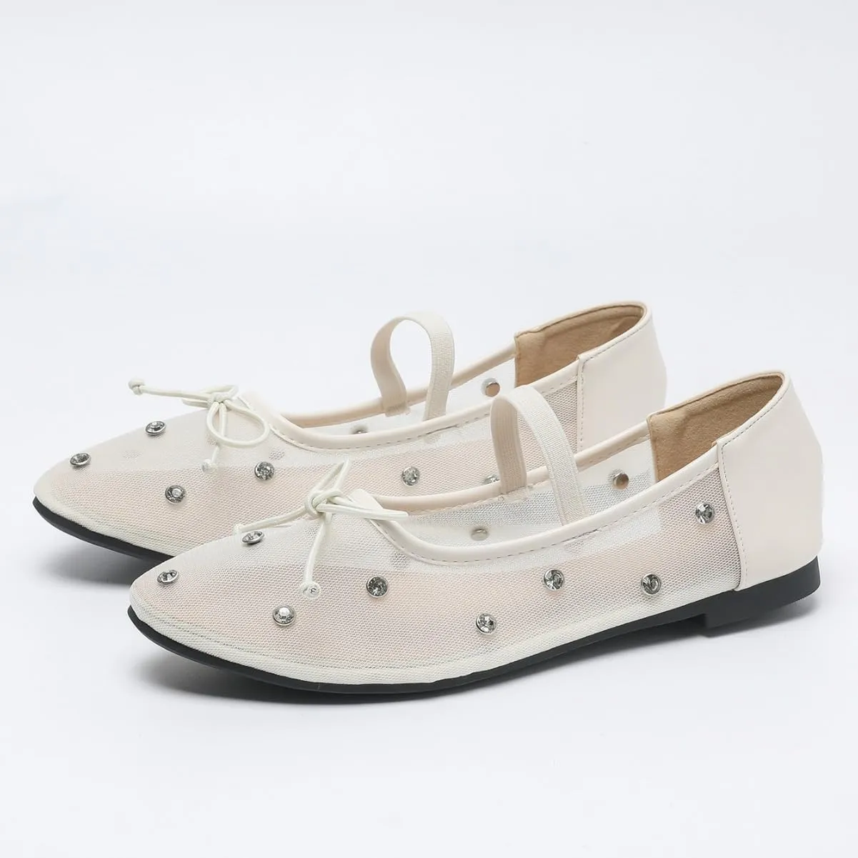 Women's Crystal Mesh Mary Jane Flats Round Toe Soft Sole Ballet Flat Shoes Anti Slip Rhinestones Loafers Comfortable Casual Dress Shoes
