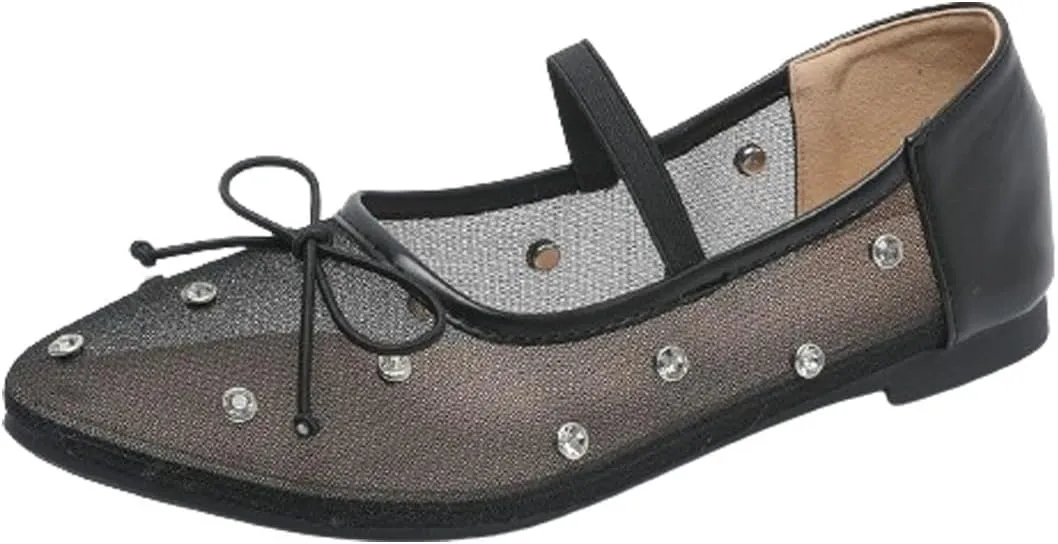 Women's Crystal Mesh Mary Jane Flats Round Toe Soft Sole Ballet Flat Shoes Anti Slip Rhinestones Loafers Comfortable Casual Dress Shoes