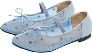 Women's Crystal Mesh Mary Jane Flats Round Toe Soft Sole Ballet Flat Shoes Anti Slip Rhinestones Loafers Comfortable Casual Dress Shoes