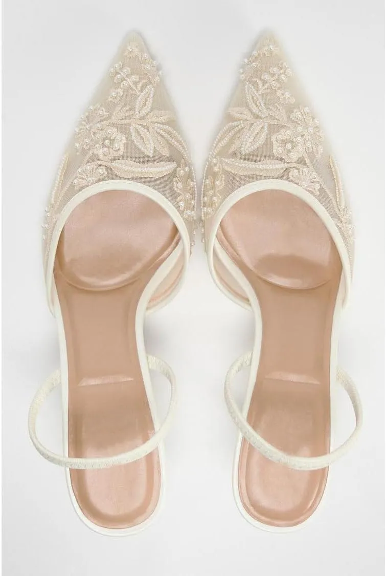 Women's Embroidered Mesh Heeled Sandals Pointed Toe Pearl Slingback Kitten Heels Wedding Party Stiletto Heel Pumps