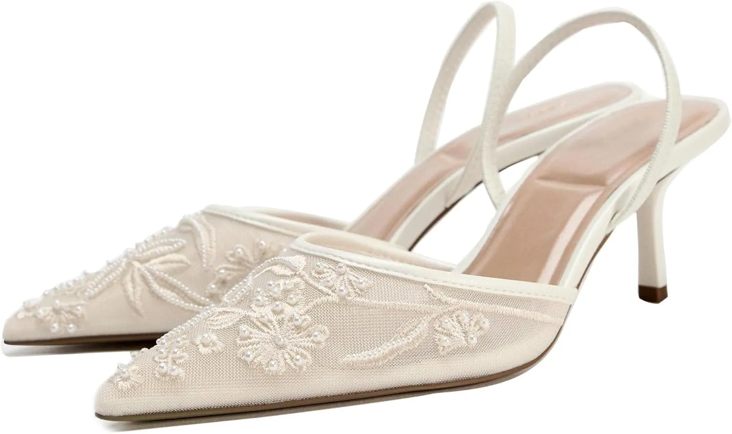 Women's Embroidered Mesh Heeled Sandals Pointed Toe Pearl Slingback Kitten Heels Wedding Party Stiletto Heel Pumps