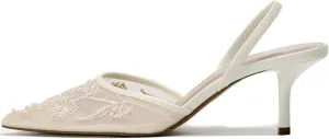 Women's Embroidered Mesh Heeled Sandals Pointed Toe Pearl Slingback Kitten Heels Wedding Party Stiletto Heel Pumps