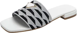 Womens Embroidered Slides Flat Sandals Summer Square Open Toe Beach Fashion Slide Sandals