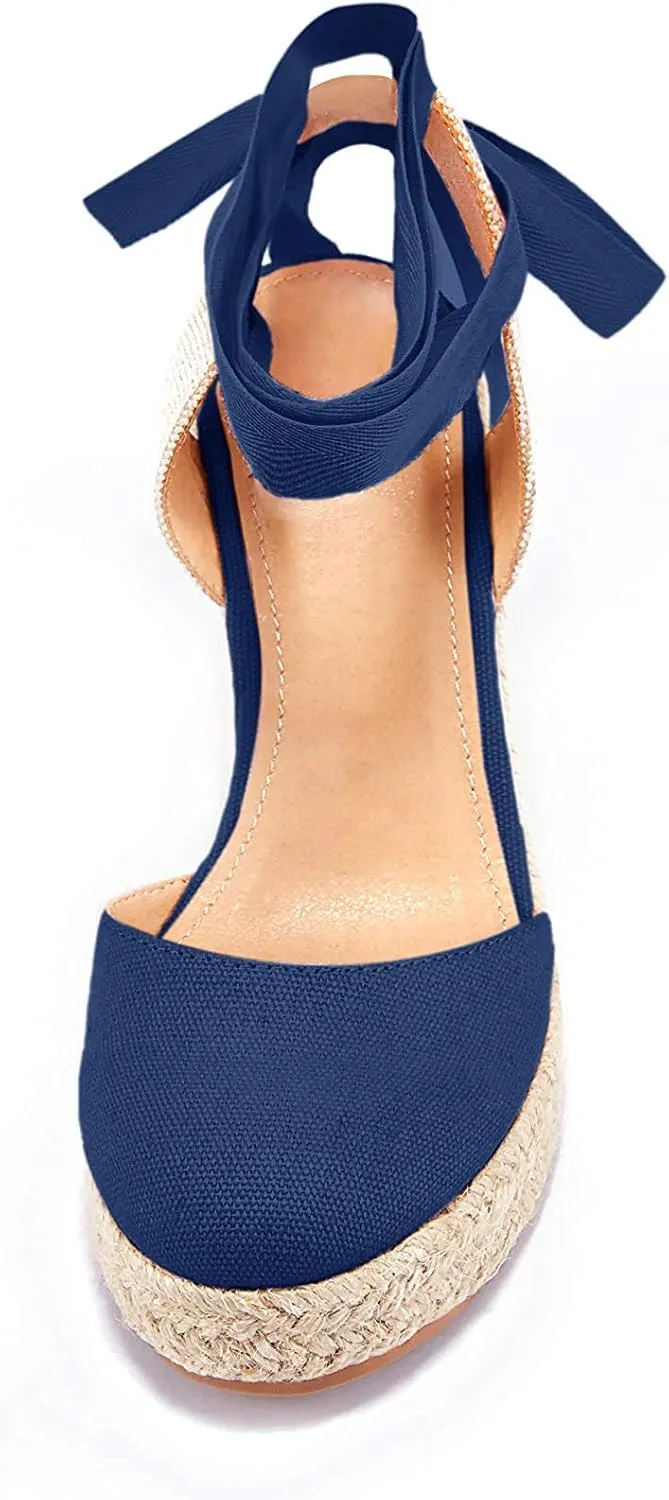 Women's Espadrille Wedge Sandals Closed Toe Lace Up Platform Ankle Wrap Summer Casual Shoes