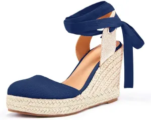 Women's Espadrille Wedge Sandals Closed Toe Lace Up Platform Ankle Wrap Summer Casual Shoes