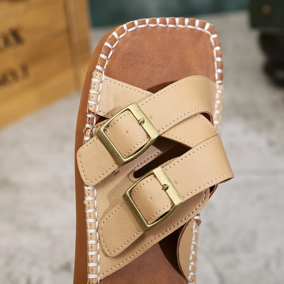 Women's Fashion Flat Sandals Dressy Summer Square Open Toe Slip On PU Leather Slide Sandal Y2K Strappy Casual Slides