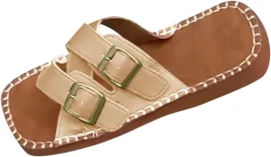 Women's Fashion Flat Sandals Dressy Summer Square Open Toe Slip On PU Leather Slide Sandal Y2K Strappy Casual Slides