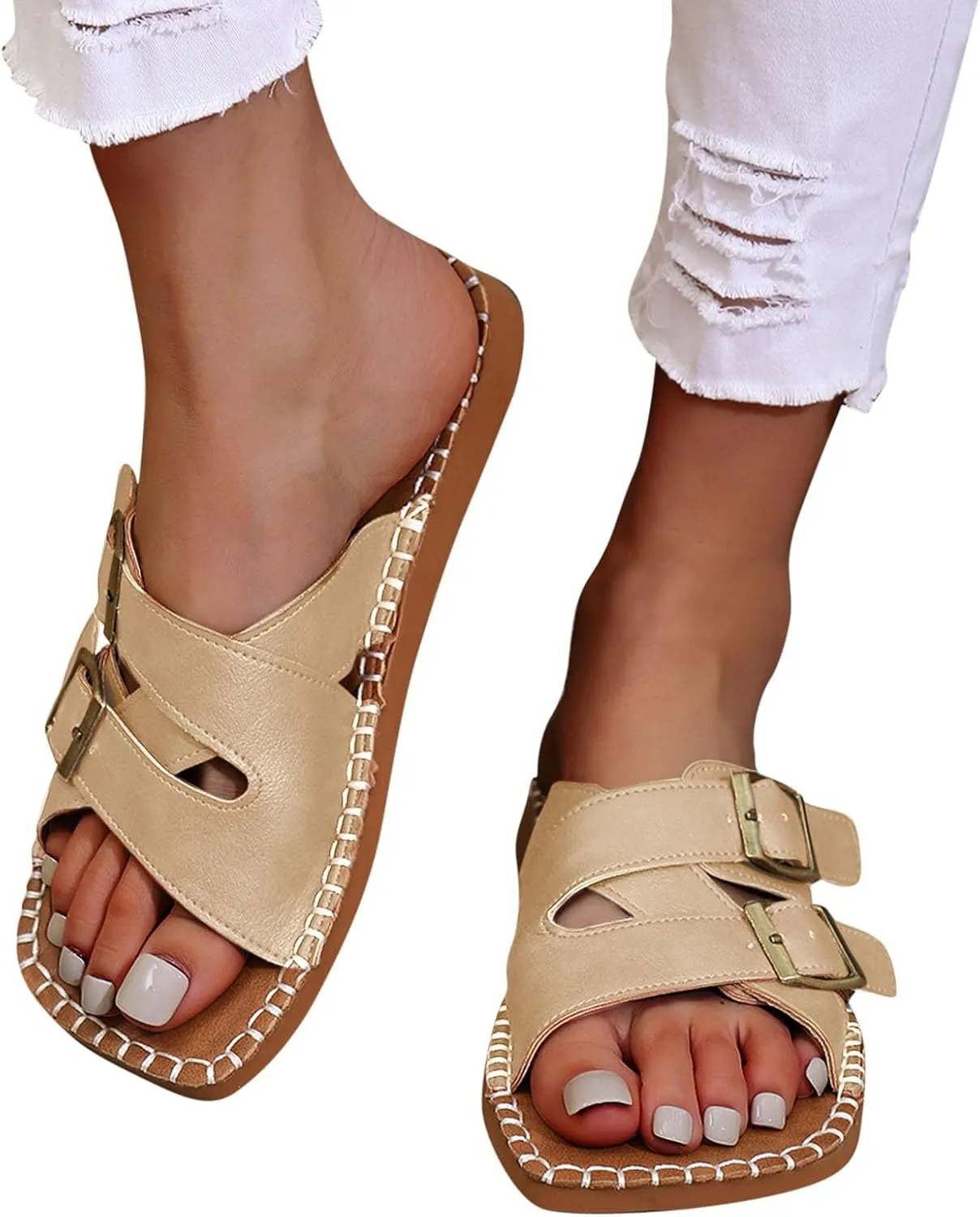 Women's Fashion Flat Sandals Dressy Summer Square Open Toe Slip On PU Leather Slide Sandal Y2K Strappy Casual Slides