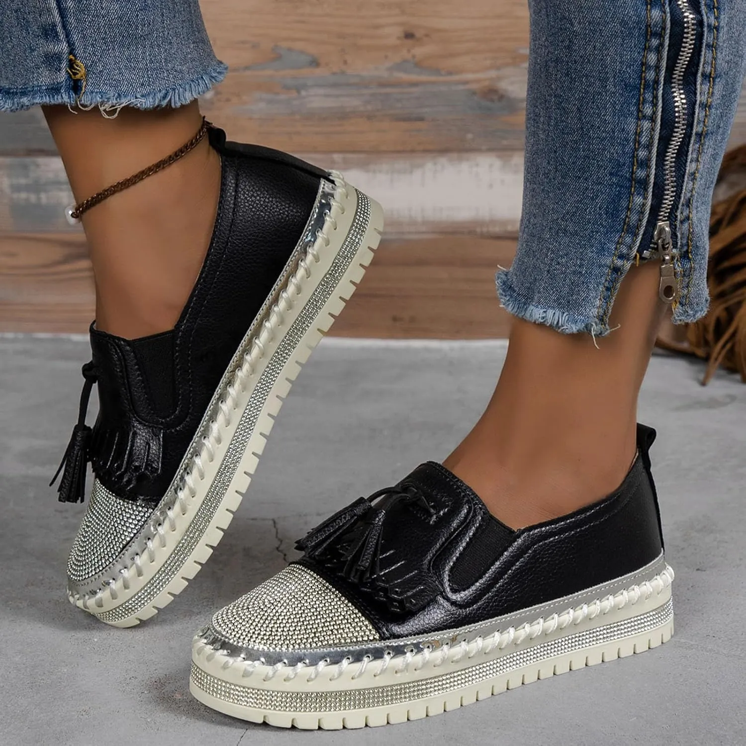 Women's Fashion Leather Loafers Sparkly Rhinestone Tassel Decoration Thick Sole Shoes Comfy Casual Boots for Women