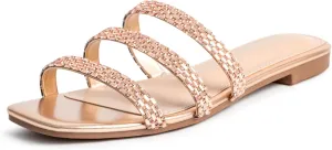 Women'S Fashion Retro Square Toe Sandals Slippers,Comfortable Slip-On Glitter Rhinestone Flat Sandals Slippers